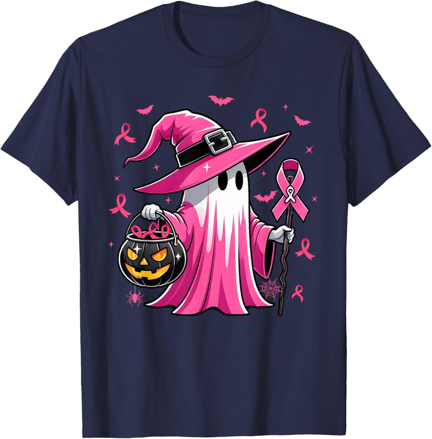 Halloween Pink Ghost Witch Breast Cancer Awareness Women T-Shirt - T-Shirt | Navy