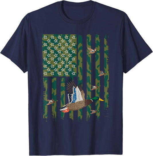 Camo Duck Hunting Shirt American Flag Hunting Gifts Men Boys T-Shirt - T-Shirt | Navy