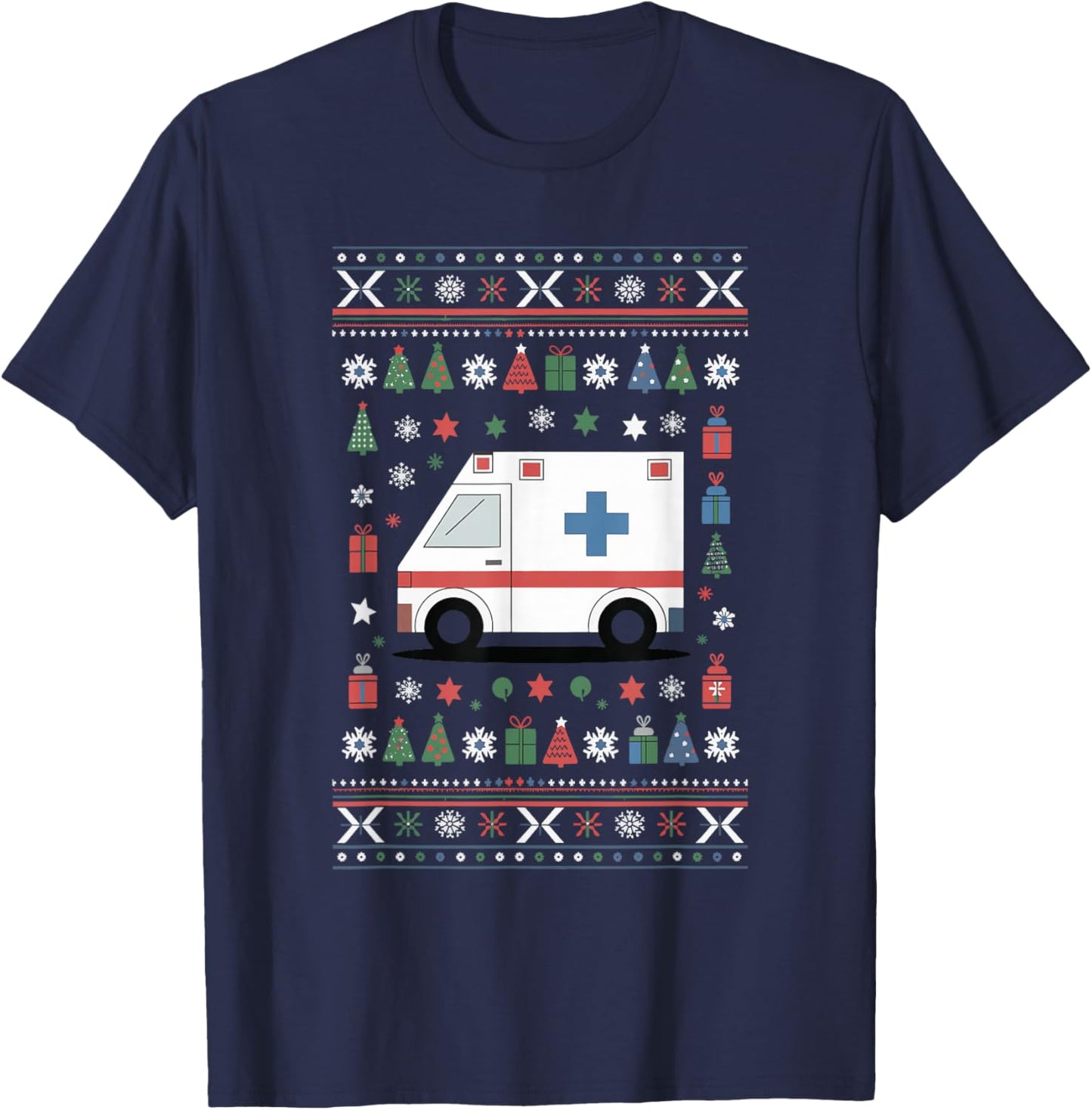 Ambulance Ugly Christmas Emergency Medical Technician T-Shirt - T-Shirt | Navy