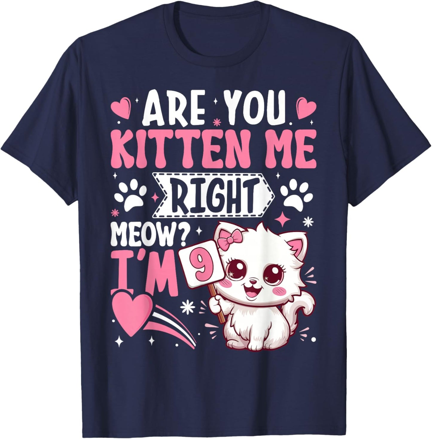 9th Birthday Shirt Girl 9 Year Old Kitten Cat Happy Bday T-Shirt - T-Shirt | Navy