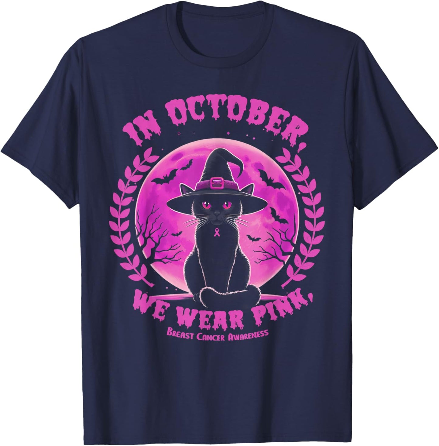In October We Wear Pink Witch Cat Halloween Breast Cancer T-Shirt - T-Shirt | Navy