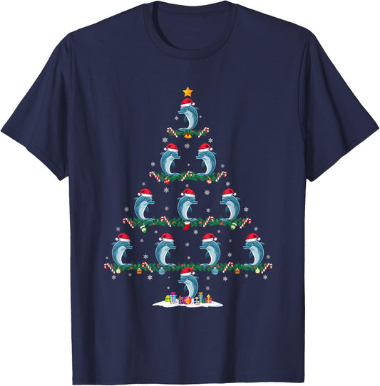 Dolphin Christmas Tree Pajama Men Women Kids Ugly Xmas T-Shirt - T-Shirt | Navy