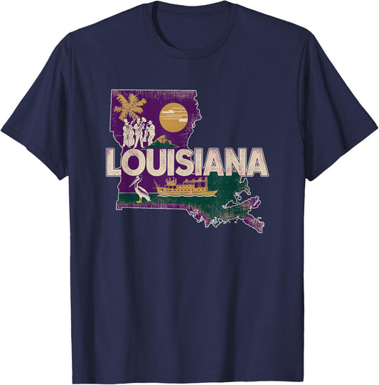 Retro USA Vintage American Graphic US State Louisiana T-Shirt - T-Shirt | Navy