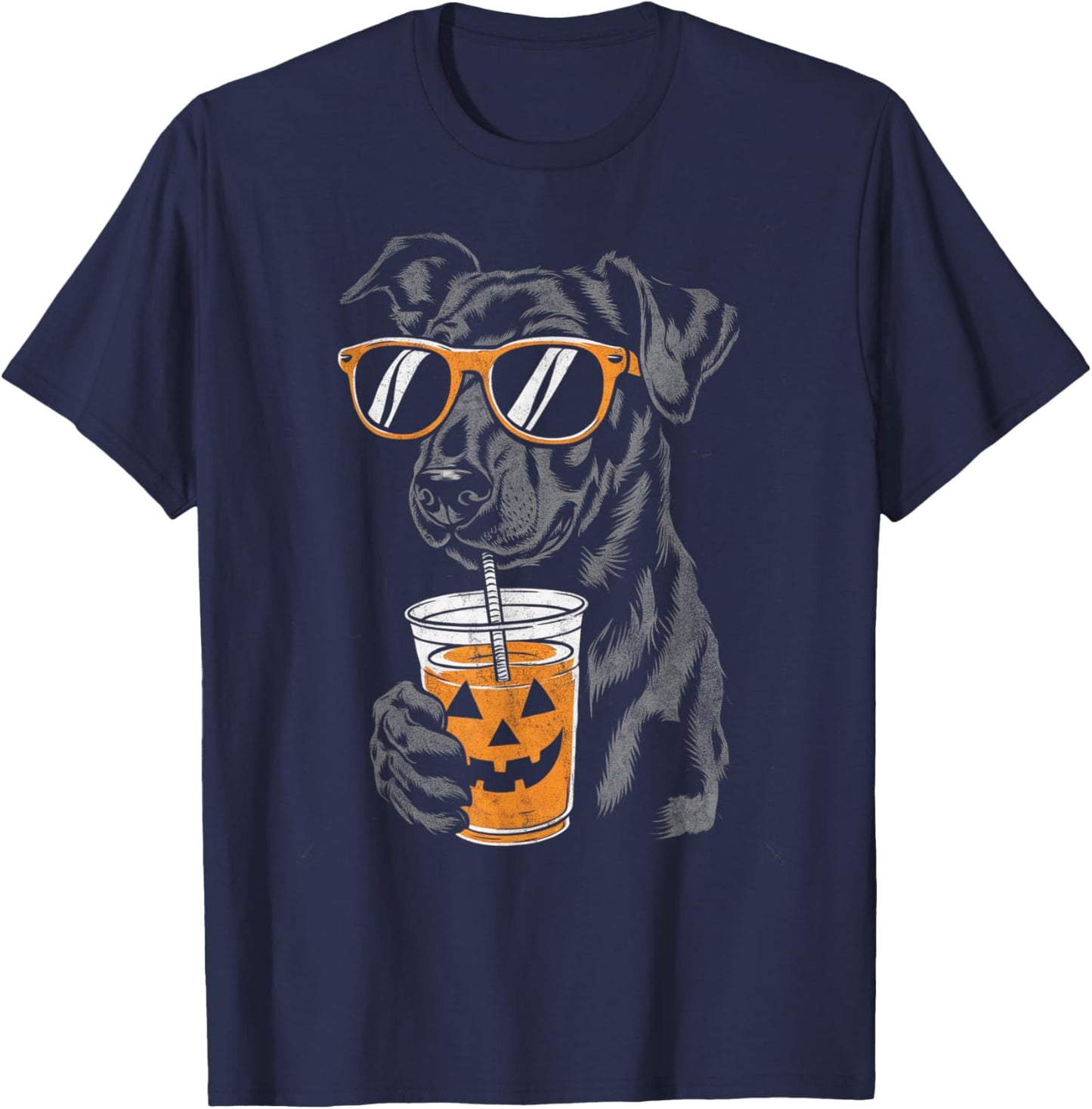 Black Dog with Pumpkin Drink Sunglasses Halloween Men Women Kids T-Shirt - T-Shirt | Navy