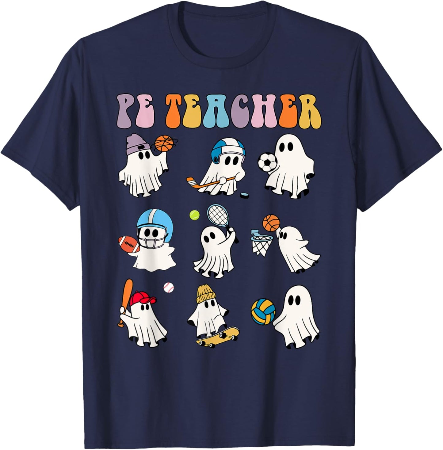 Halloween PE Teacher Ghost Playing Soccer Football Baseball T-Shirt - T-Shirt | Navy