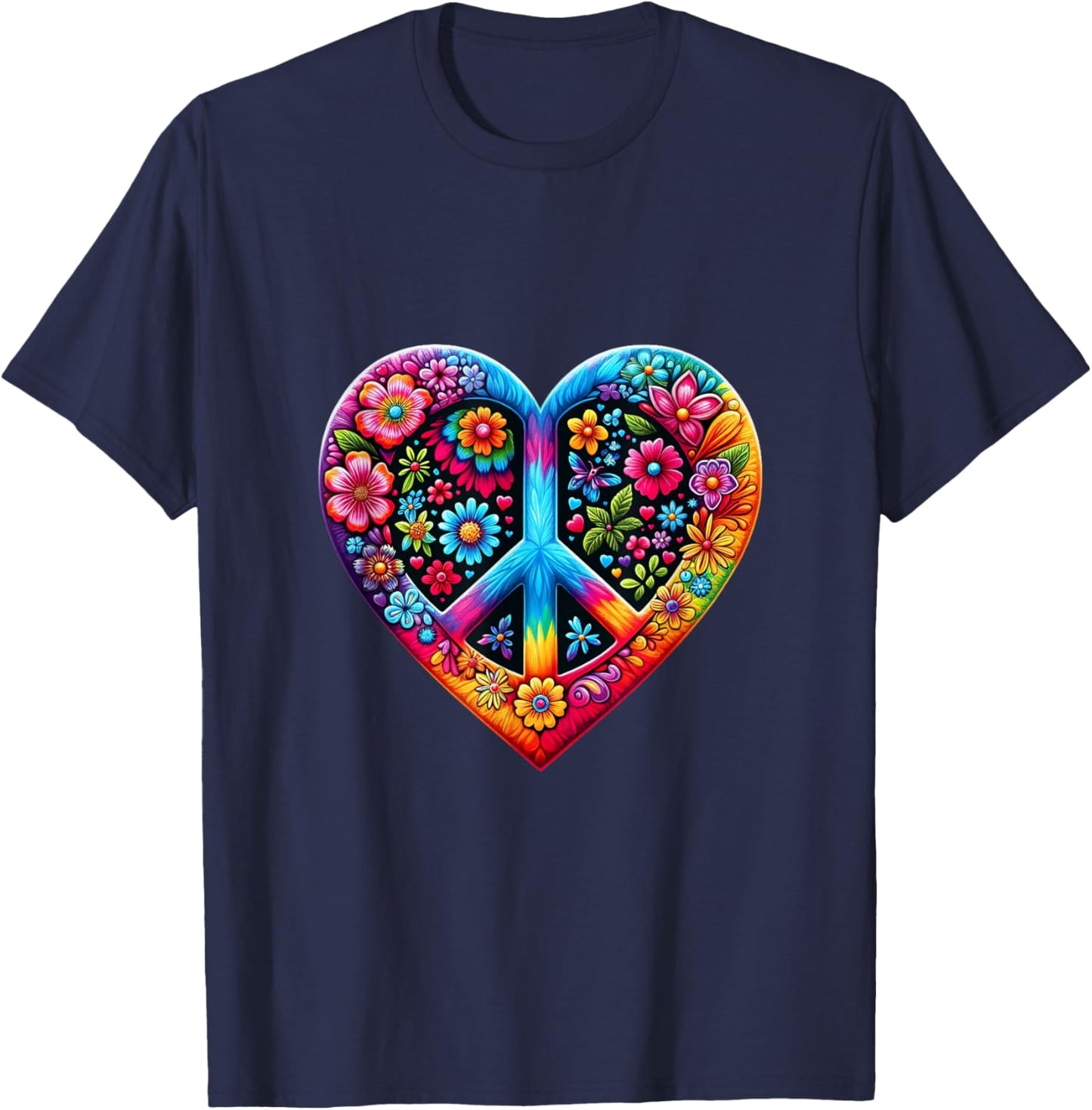 Love Peace Sign 60s 70s Groovy Hippie Flower Vintage Tie Dye T-Shirt - T-Shirt | Navy