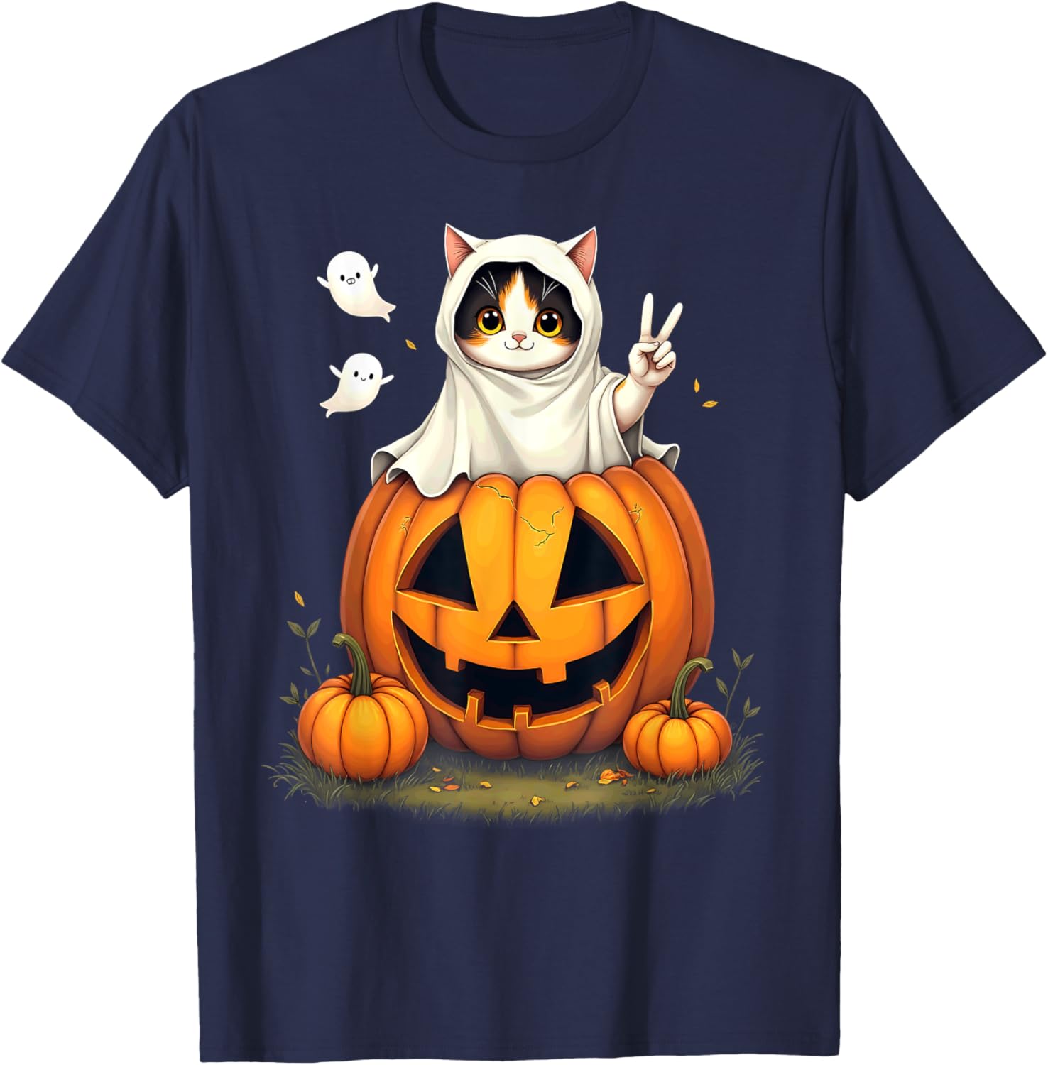 Pumpkin Boo Ghost Calico Cat Halloween Costume Women Kids T-Shirt - T-Shirt | Navy