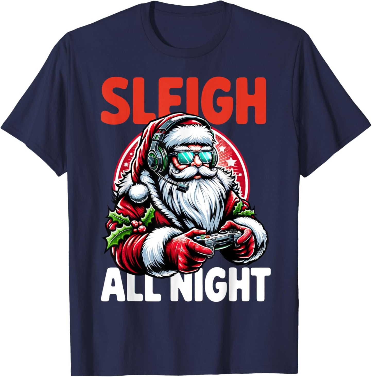 Christmas Gamer Boys Sleigh All Night Video Game Santa Xmas T-Shirt - T-Shirt | Navy