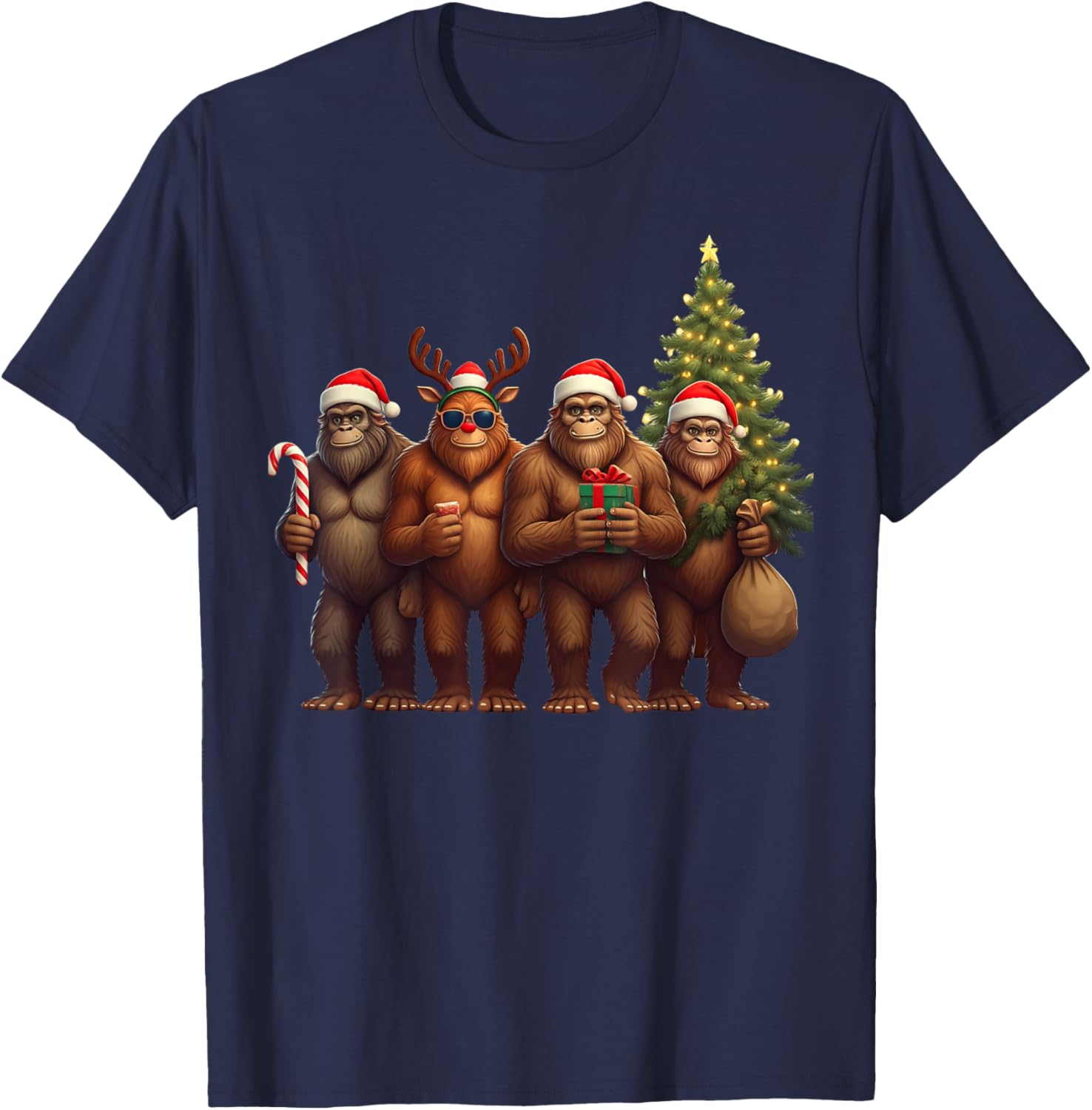 Santa Bigfoot Christmas Lights Bigfoot Lover Xmas Squad T-Shirt - T-Shirt | Navy