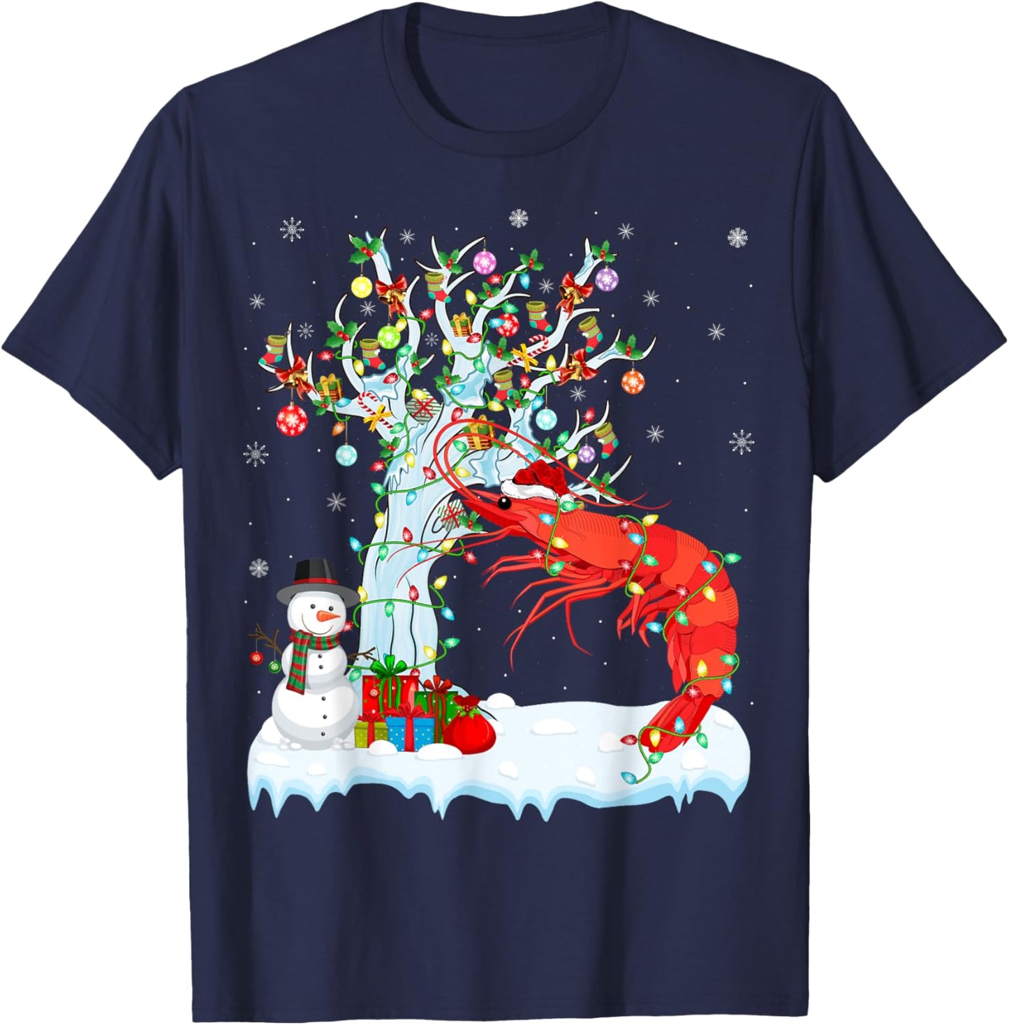 Shrimp Fish Xmas Lighting Tree Santa Hat Shrimp Christmas T-Shirt - T-Shirt | Navy