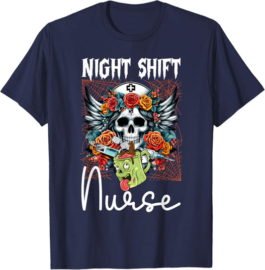 Floral Night Shift Nurse Skeleton Halloween RN Nurses Skull T-Shirt - T-Shirt | Navy