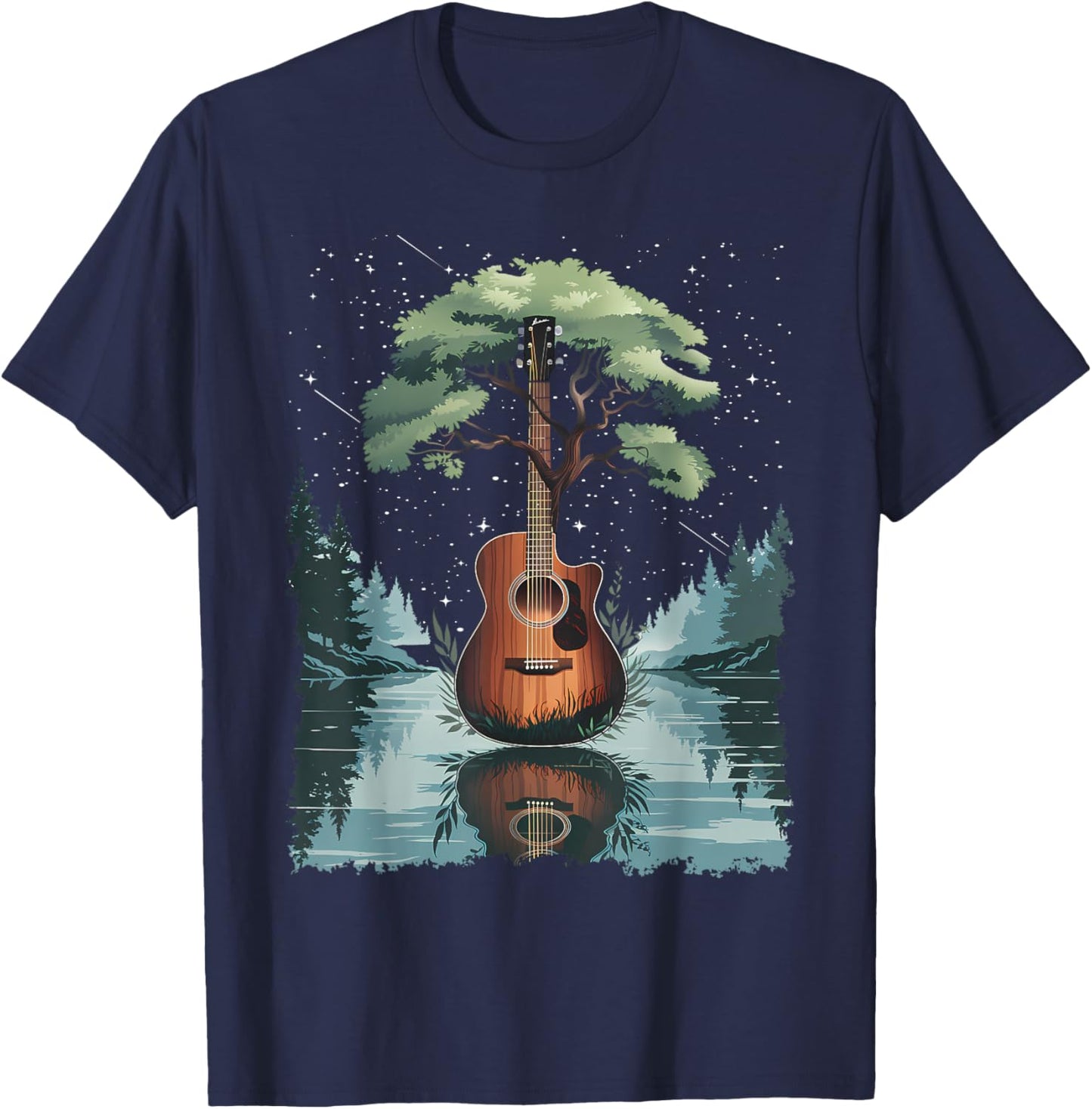 Acoustic Guitar Tree and Moon By The Lake Guitarist T-Shirt - T-Shirt | Navy