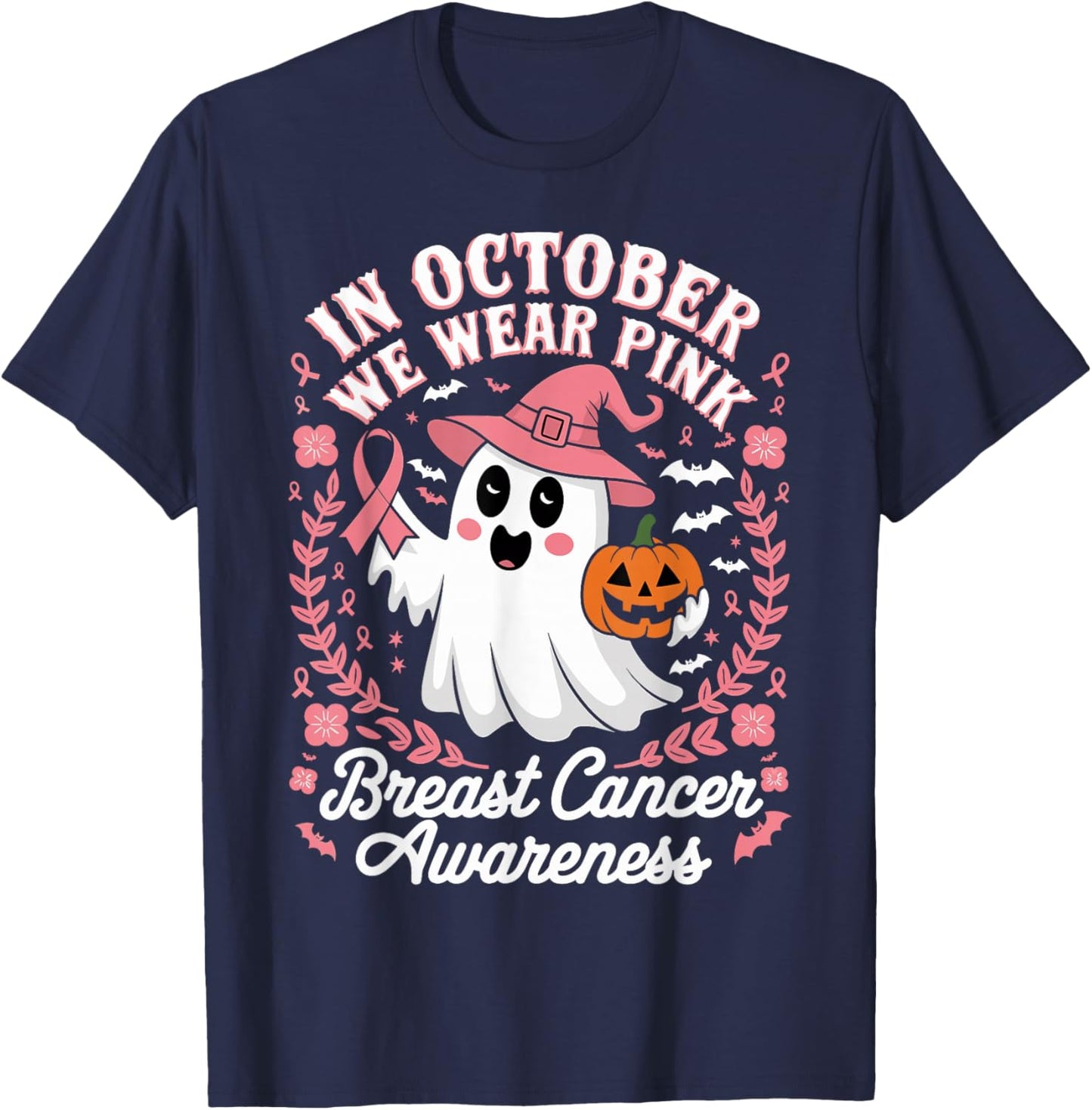 In October We Wear Pink Pumpkins Breast Cancer Awareness T-Shirt - T-Shirt | Navy