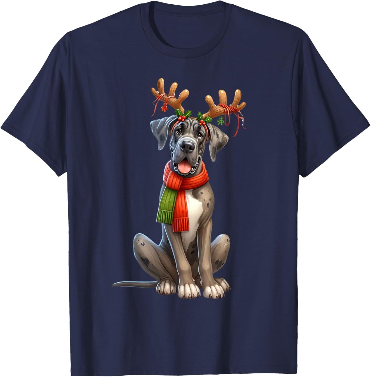 Great Dane Reindeer Santa Hat Xmas Lights Christmas Xmas Dog T-Shirt - T-Shirt | Navy