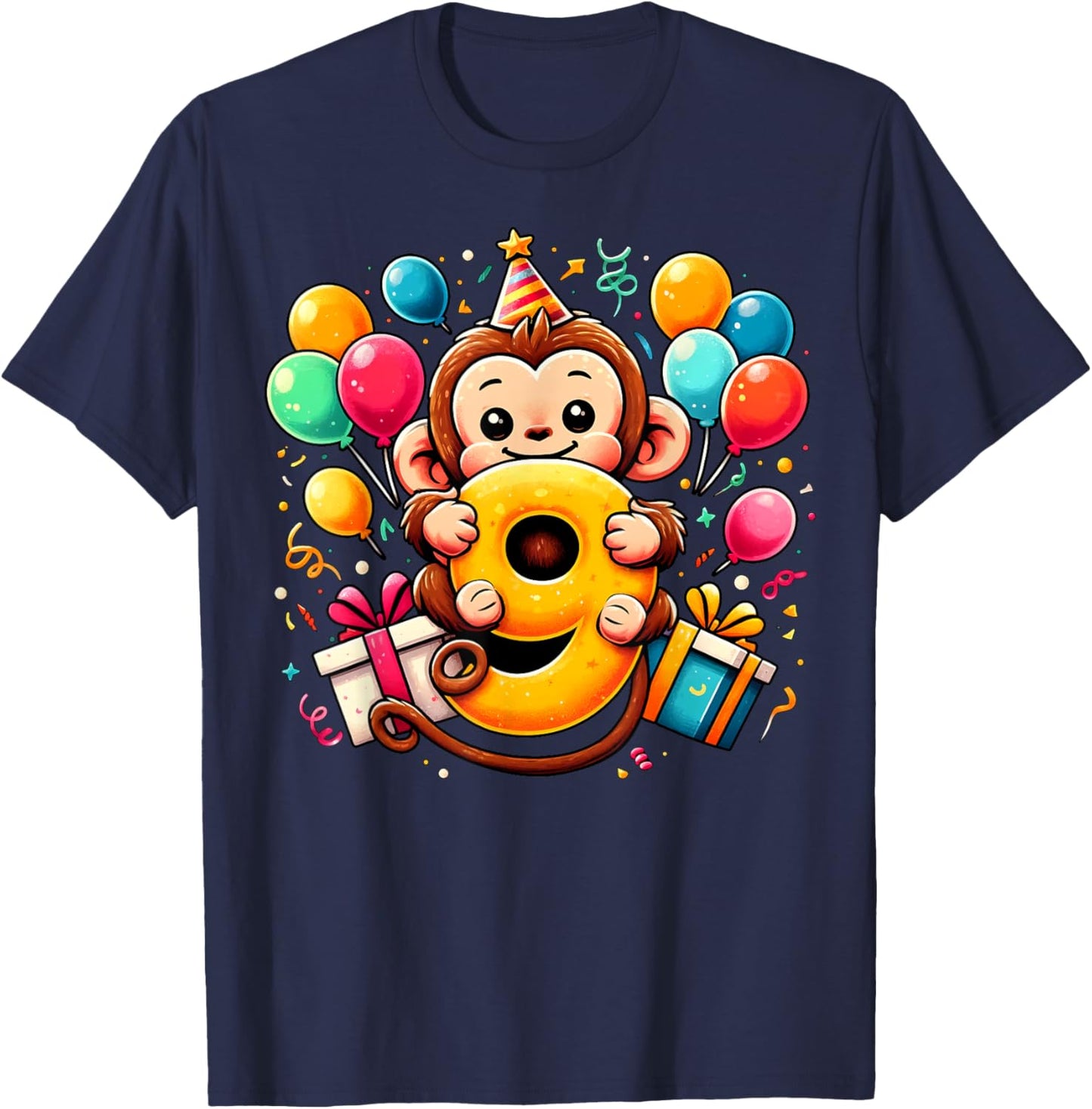 Monkey 9th birthday boy girl 9 years old ninth nine Monkey T-Shirt - T-Shirt | Navy