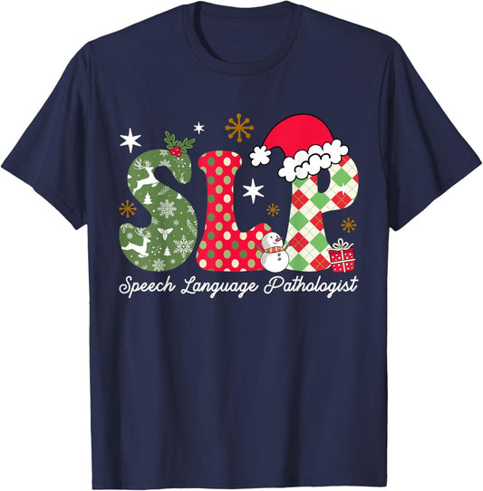 Christmas Speech Language Pathologist SLP Speech Therapy T-Shirt - T-Shirt | Navy