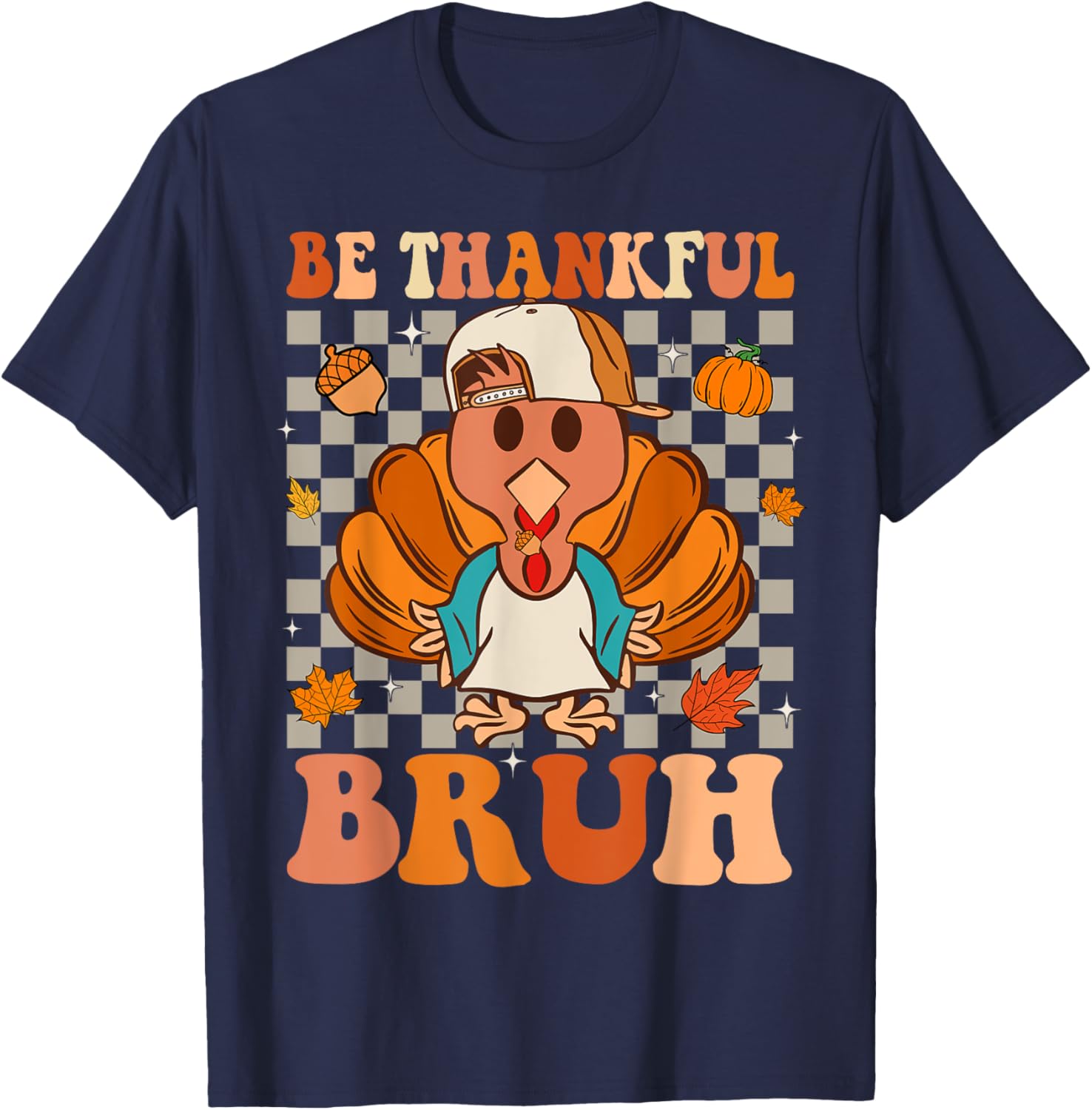 Bruh Meme Funny Thanksgiving Turkey Thankful Retro Boys T-Shirt - T-Shirt | Navy