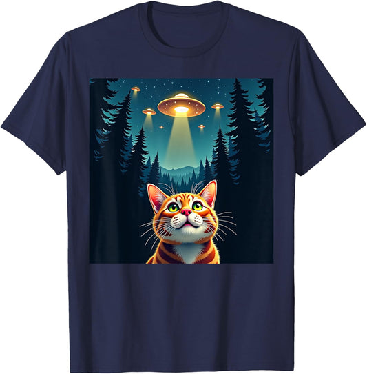 Cute Cat Selfie With UFO Invasion Alien Spaceship T-Shirt - T-Shirt | Navy