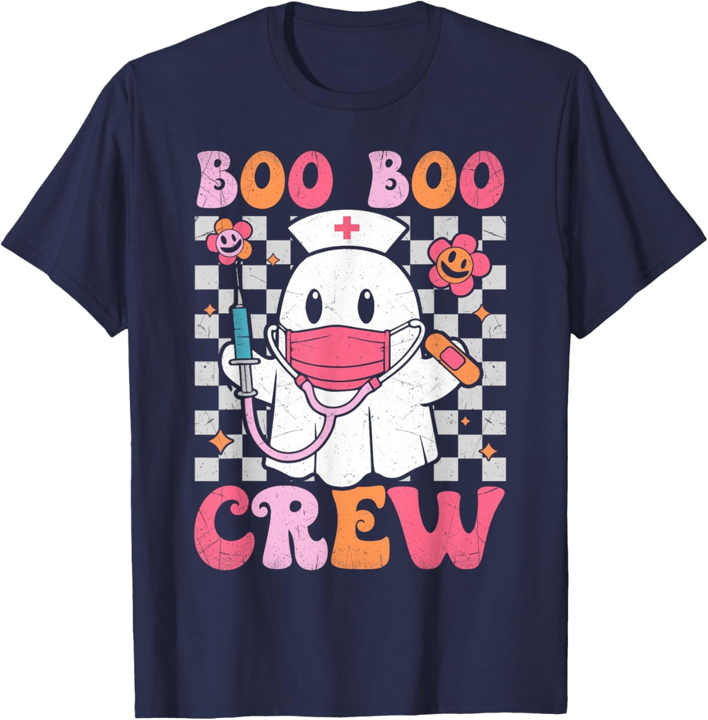 Boo Boo Crew Halloween Ghost Nurse Cute Boo Nursing Groovy T-Shirt - T-Shirt | Navy