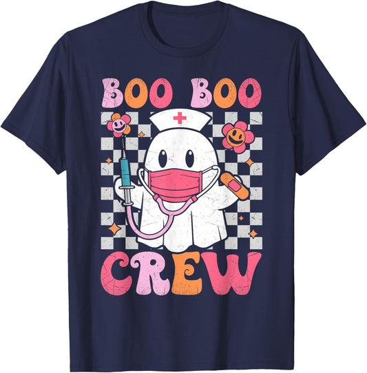 Boo Boo Crew Halloween Ghost Nurse Cute Boo Nursing Groovy T-Shirt - T-Shirt | Navy