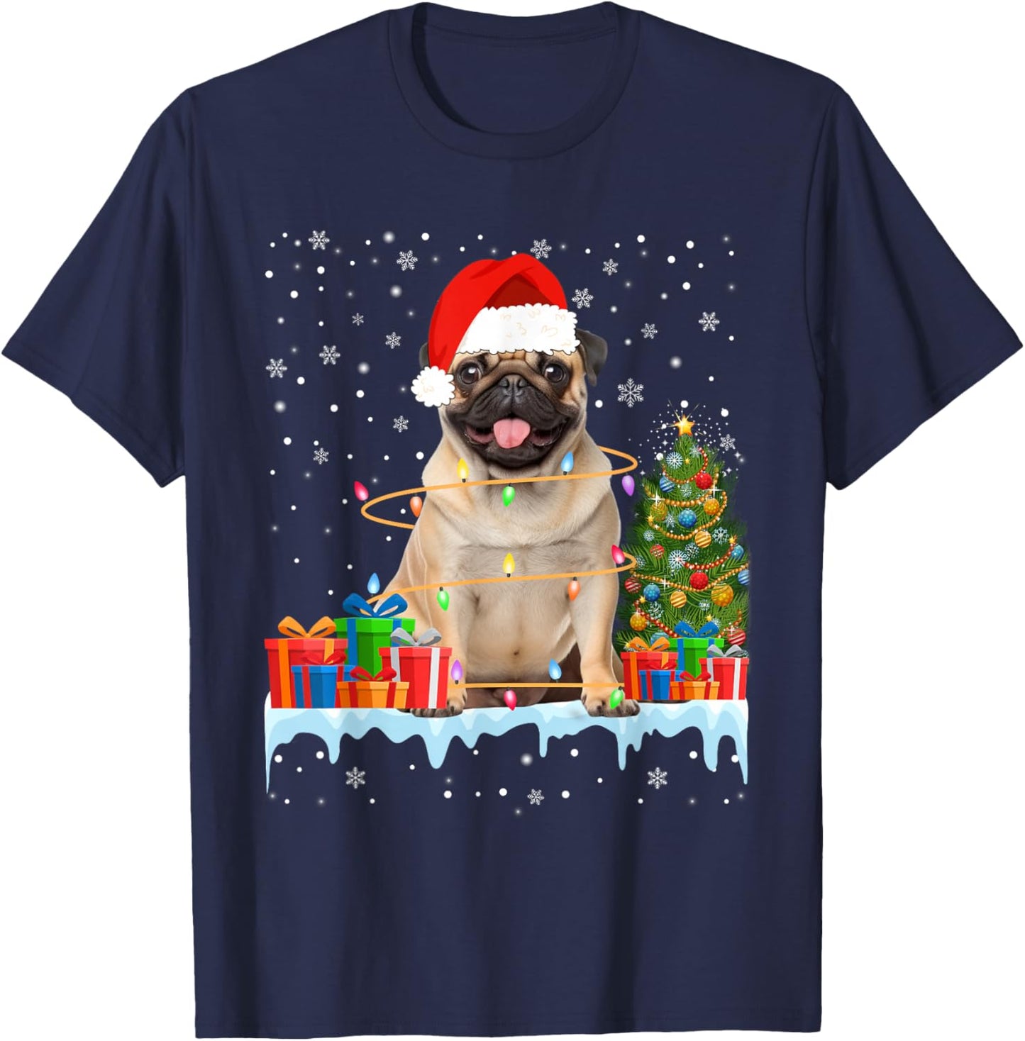 Funny Santa Pug Dog Christmas Lights Xmas Pajamas T-Shirt - T-Shirt | Navy