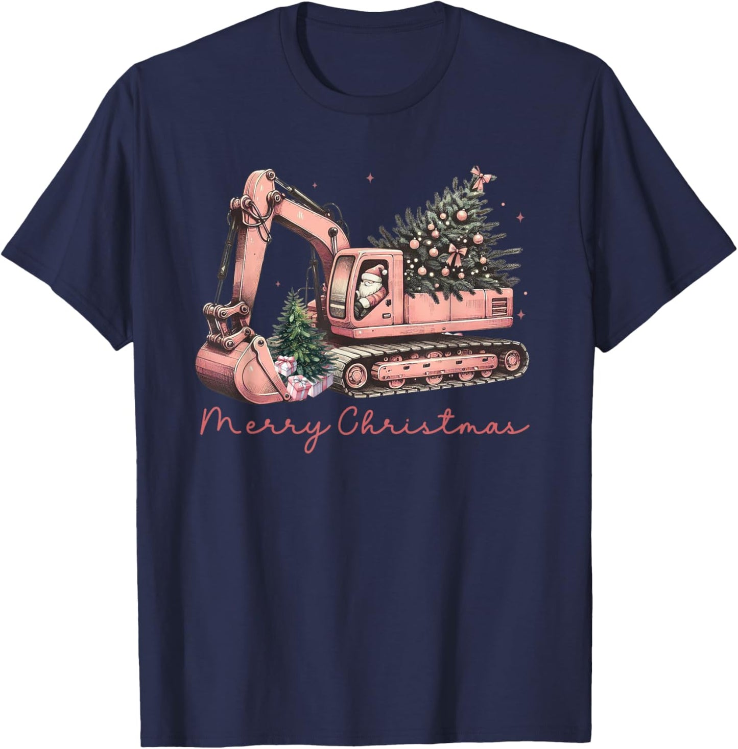 Merry Christmas Construction Excavator Christmas Tree Light T-Shirt - T-Shirt | Navy
