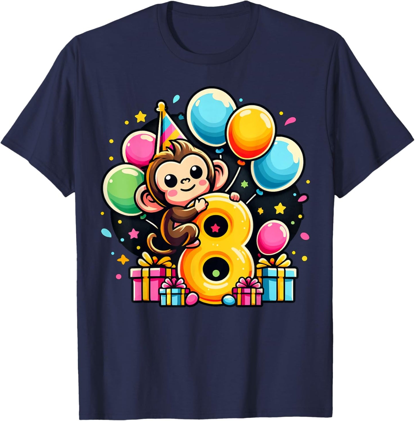Monkey 8th birthday boy girl 8 years old eighth eight Monkey T-Shirt - T-Shirt | Navy