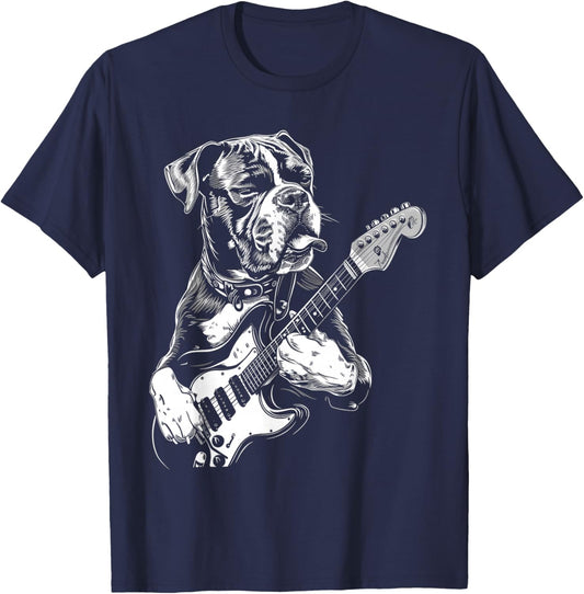 Funny Boxer Dog Playing Electric Guitar Rock Dog Dad Women Girls Kids T-Shirt - T-Shirt | Navy