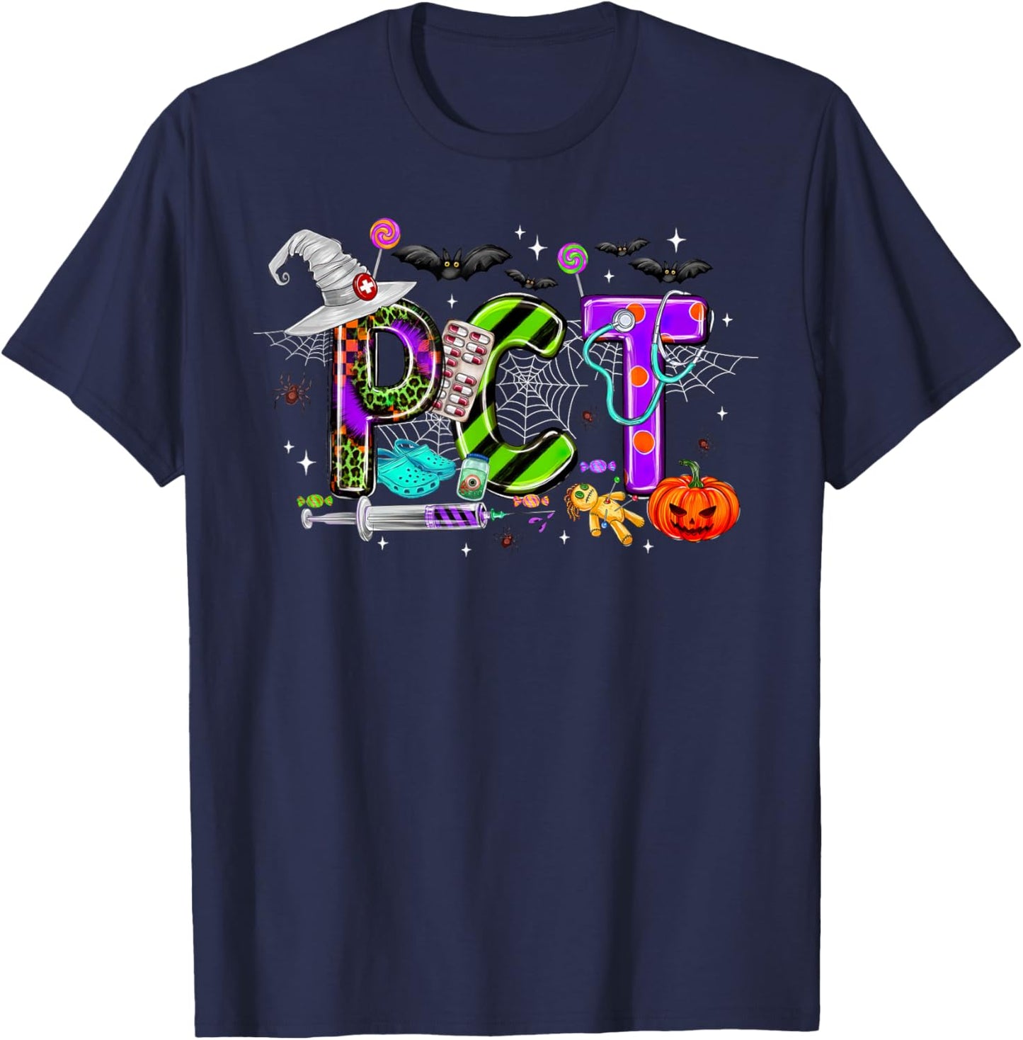 Retro PCT Patient Care Technician Halloween Spooky Season T-Shirt - T-Shirt | Navy
