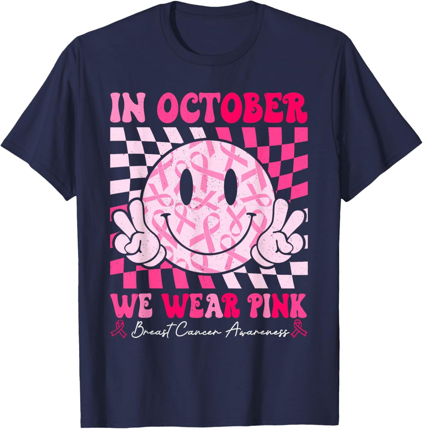 Retro In October We Wear Pink Breast Cancer Awareness Ribbon T-Shirt - T-Shirt | Navy