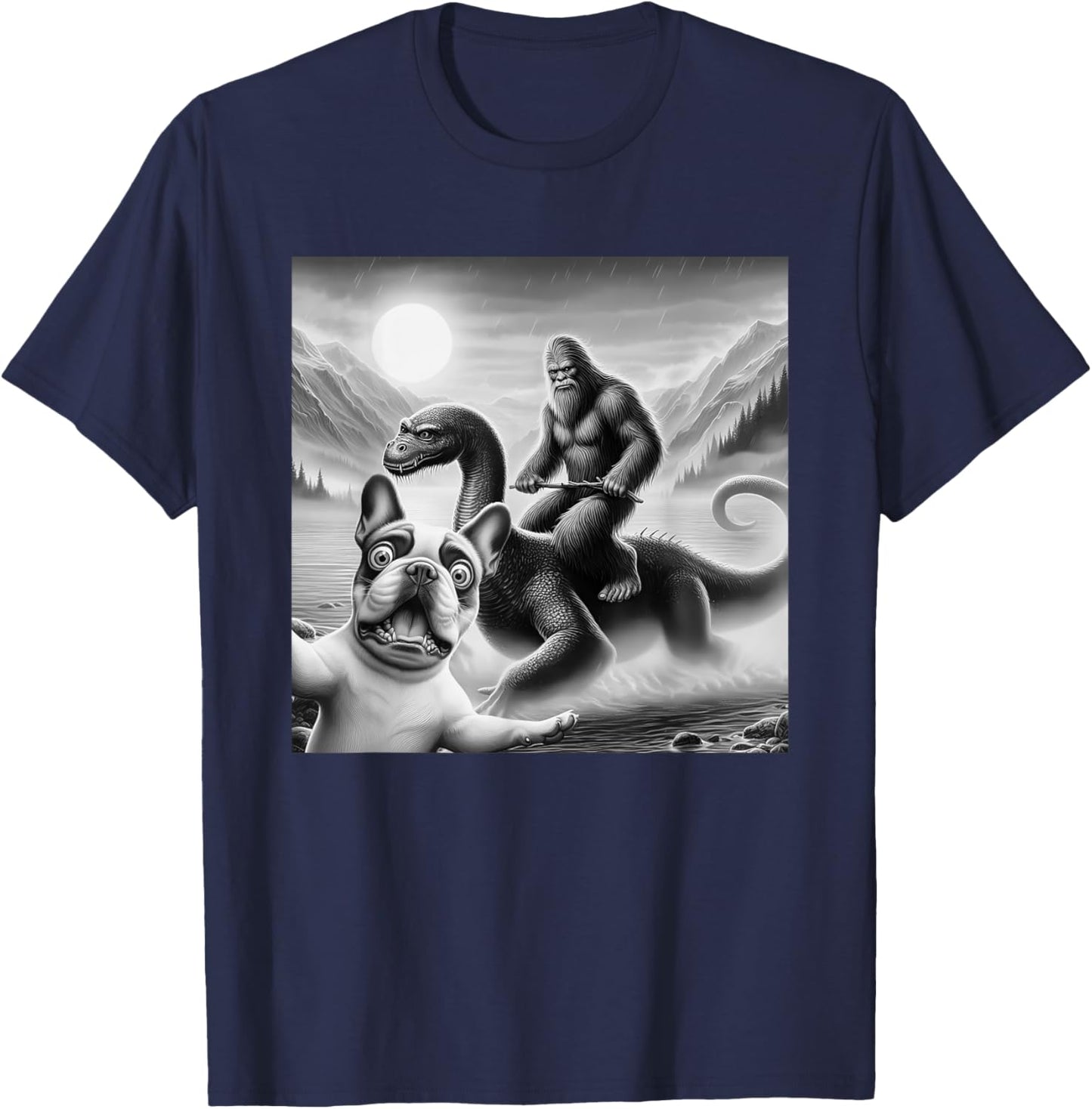 Funny French bulldog Selfie with bigfoot riding loch Ness Women Kids T-Shirt - T-Shirt | Navy