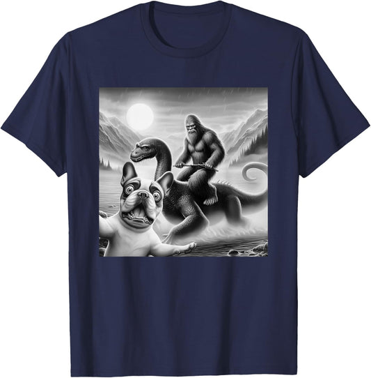 Funny French bulldog Selfie with bigfoot riding loch Ness Women Kids T-Shirt - T-Shirt | Navy