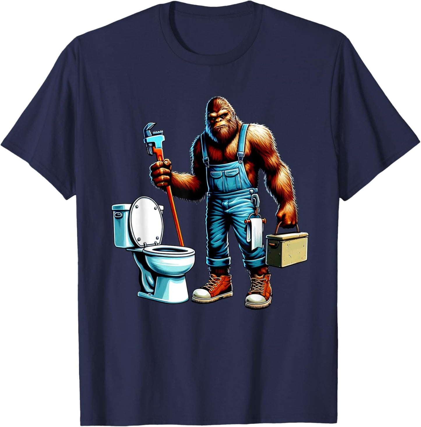 Bigfoot At Work Plumber Plumbing Worker Sasquatch Funny T-Shirt - T-Shirt | Navy