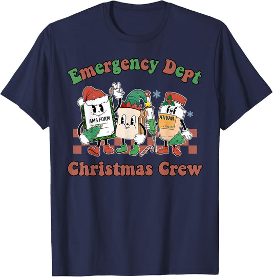 Emergency Department ER Nurse Christmas Outfit Adult Christmas/Winter Holidays Black X-Small Short Sleeve Christmas-themed Emergency Room Staff T-Shirt - T-Shirt | Navy