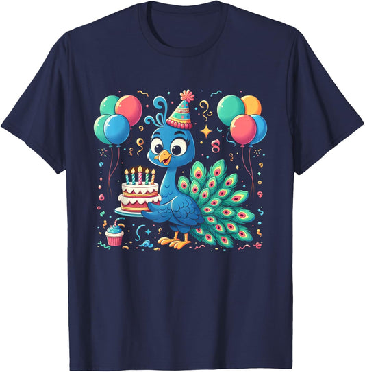 Peacock Kids Birthday Party Boy Bday Girl Candles T-Shirt - T-Shirt | Navy