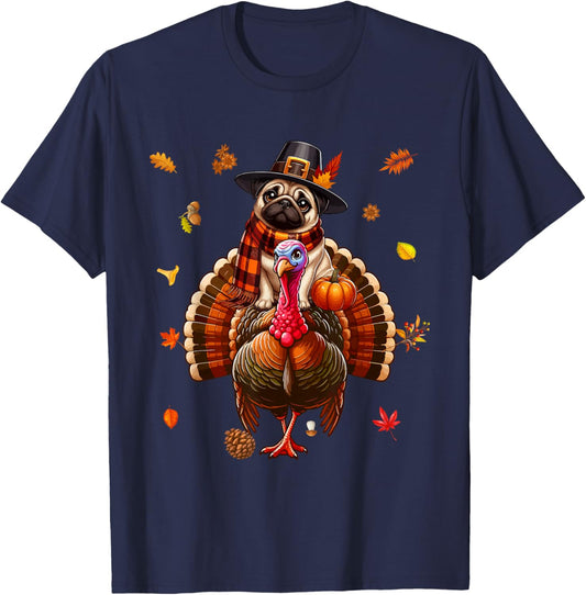 Pug Riding Turkey Thanksgiving Fall Leaves Owner Kids T-Shirt - T-Shirt | Navy