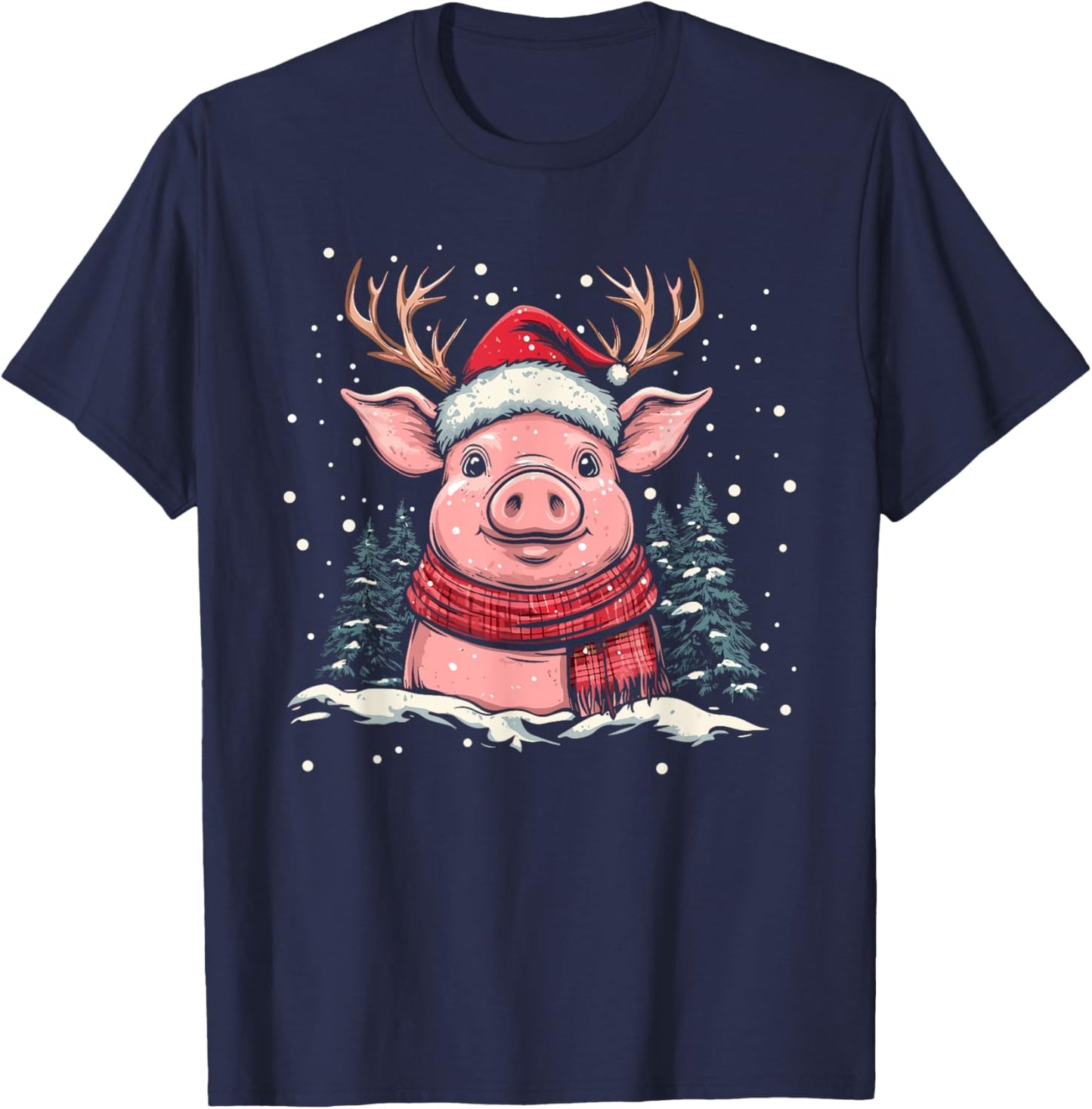 Pig Reindeer Santa Hat Christmas Xmas T-Shirt - T-Shirt | Navy