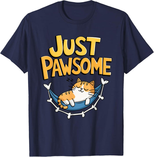 Cartoon Cat Lounging in Hammock Pawsome T-Shirt - T-Shirt | Navy