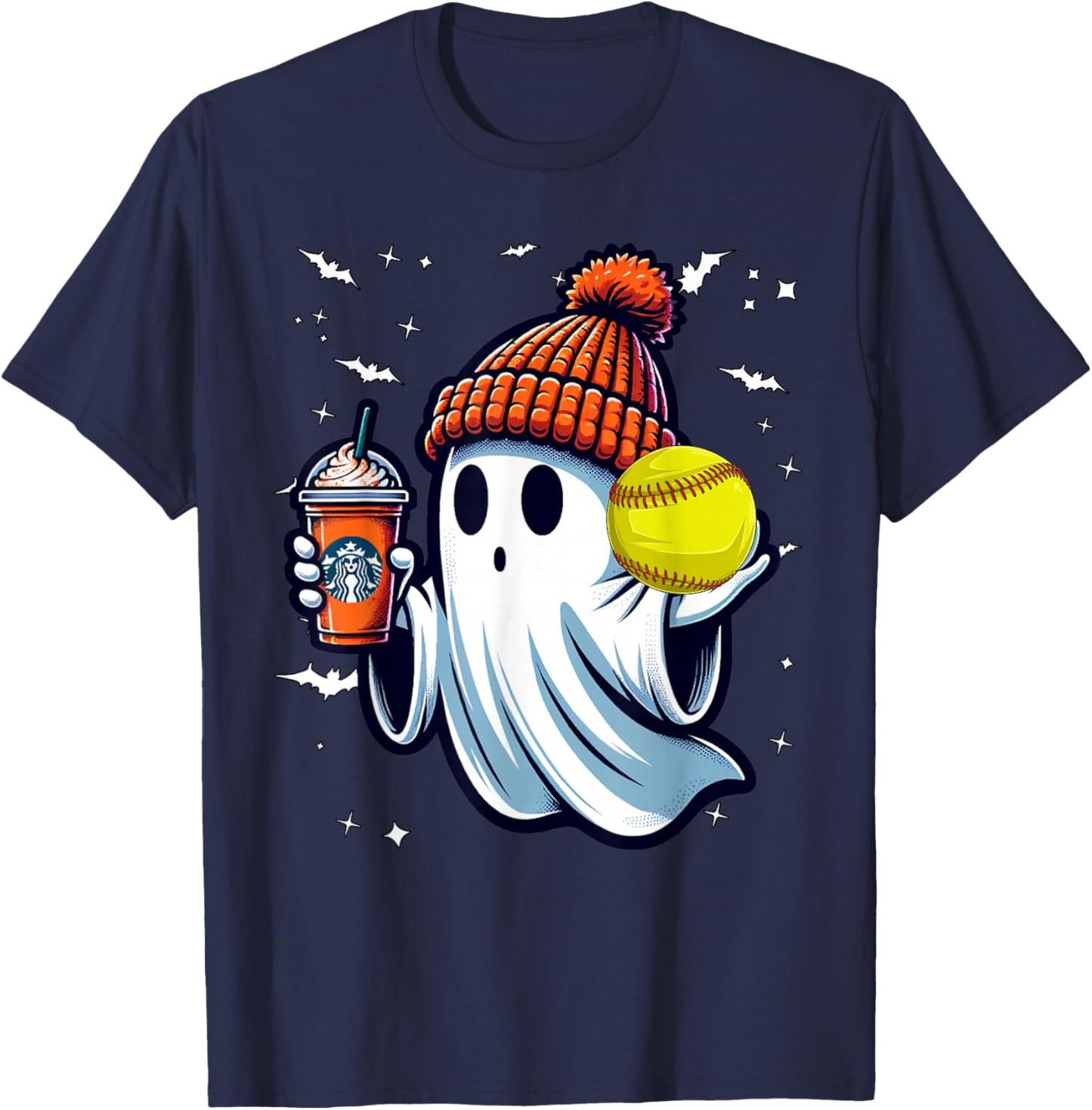 Ghost Pumpkin Drinks Beanie Fall Softball Lovers Halloween T-Shirt - T-Shirt | Navy