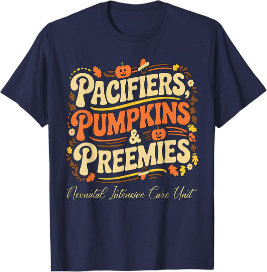 Baby Pacifiers Pumpkins Preemies Thanksgiving NICU Nurse T-Shirt - T-Shirt | Navy