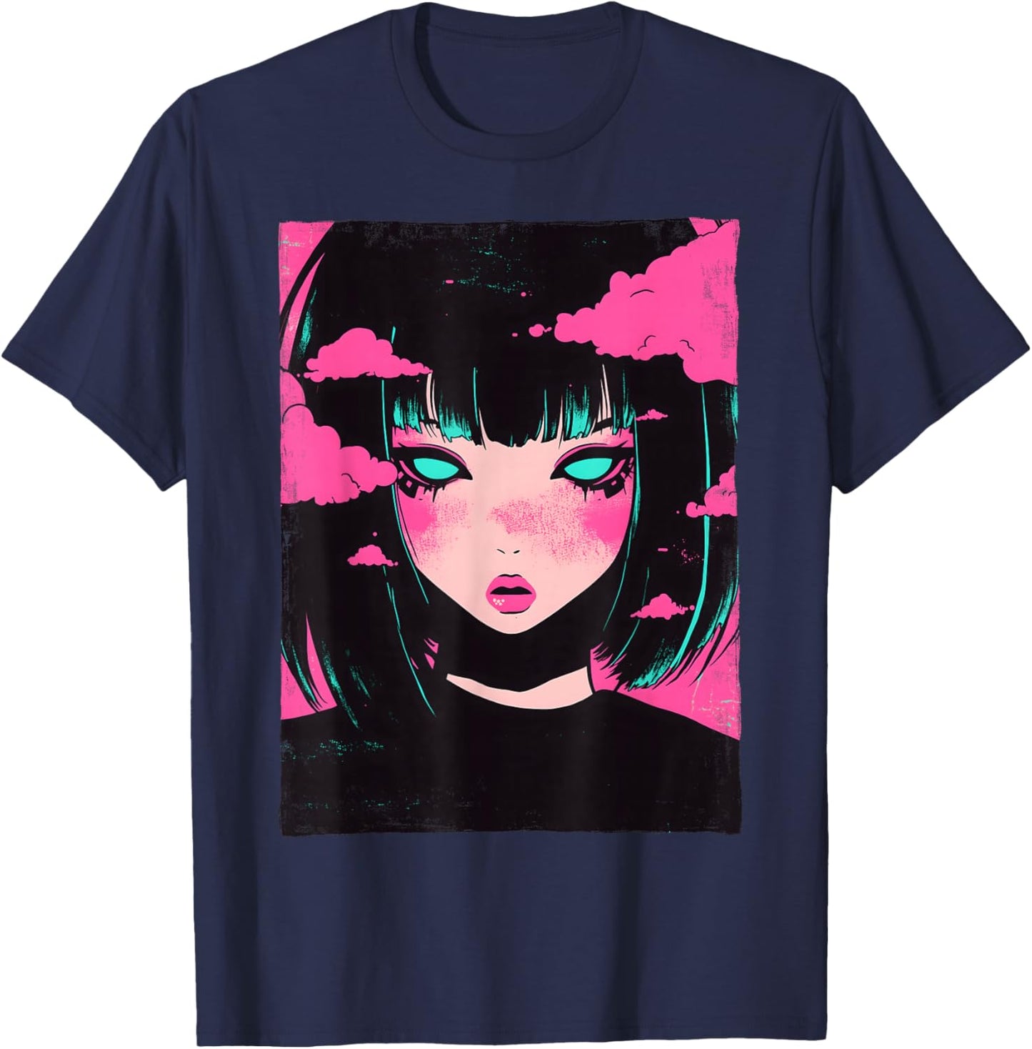 Distressed Anime Girl Vaporwave Pastel Goth E-Girl Grunge T-Shirt - T-Shirt | Navy