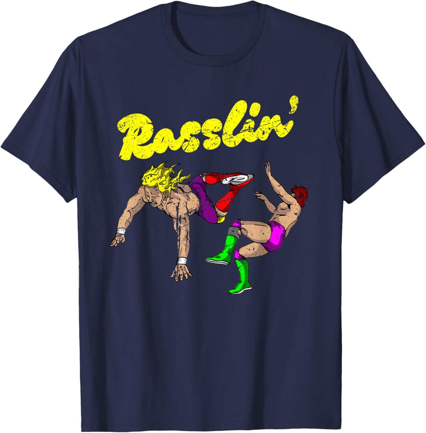 Masked Designer Vintage Grunge Rasslin' Pro Wrestling Fan - Black - -Adults & Kids - Short Sleeve - - Wrestling Fan T-Shirt - T-Shirt | Navy