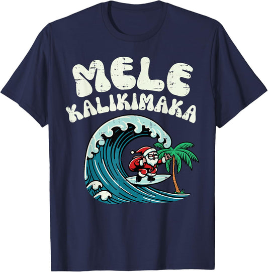 Christmas Surfing Santa Mele Kalikimaka Xmas Men Boys Kids T-Shirt - T-Shirt | Navy