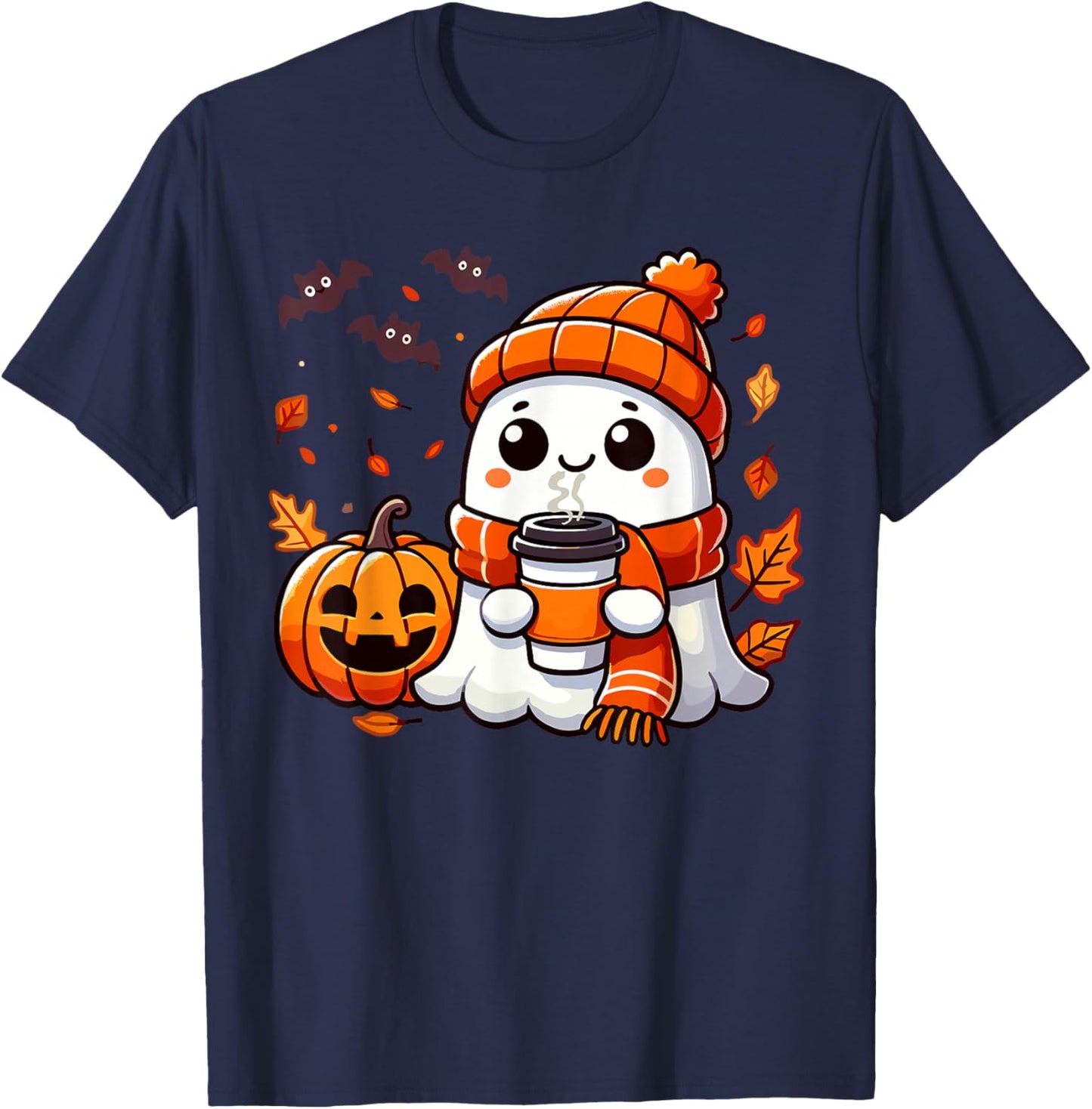 Cute Halloween Ghost Drinking Ice Coffee, Halloween Women T-Shirt - T-Shirt | Navy