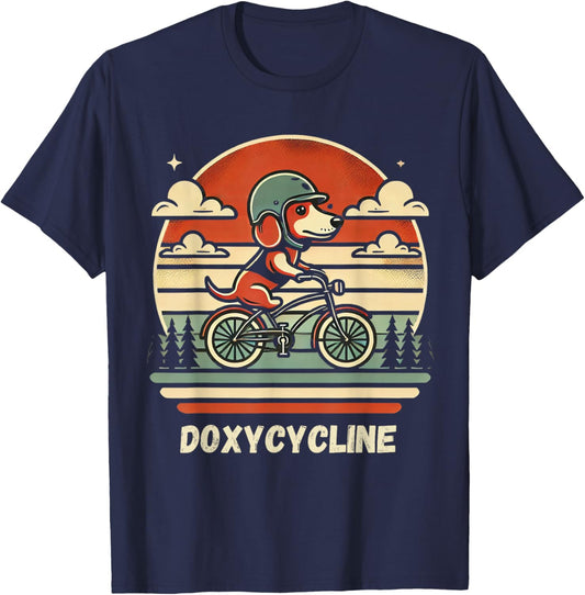 Dachshund on Bicycle Doxycycline Pharmacy Pun Dog Pharmacist T-Shirt - T-Shirt | Navy