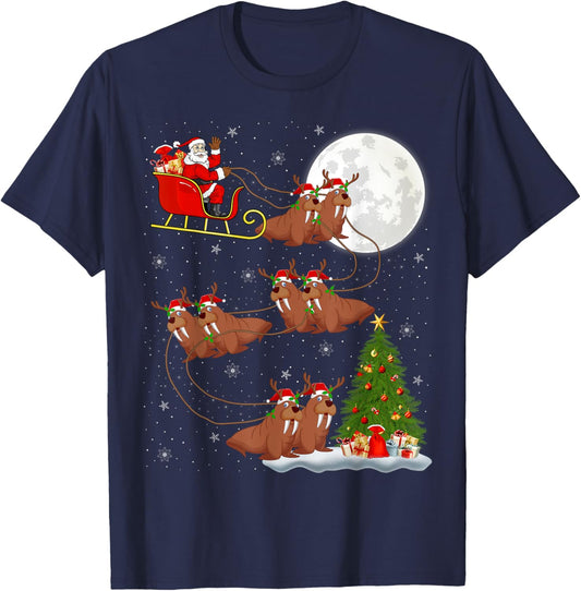 Xmas Tree Lights Funny Santa Riding Walrus Christmas T-Shirt - T-Shirt | Navy