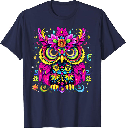 Trippy EDM Peace Owl Hippie Psychedelic T-Shirt - T-Shirt | Navy
