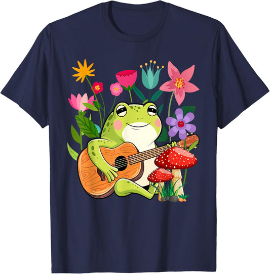 Kawaii Cottagecore Cute Frog Banjo Butterfly T-Shirt - T-Shirt | Navy