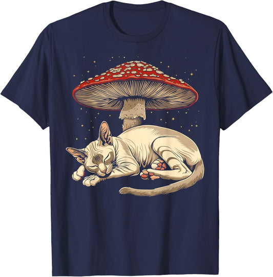 Cute Oriental Shorthair Cat Cottagecore Aesthetic Mushroom T-Shirt - T-Shirt | Navy