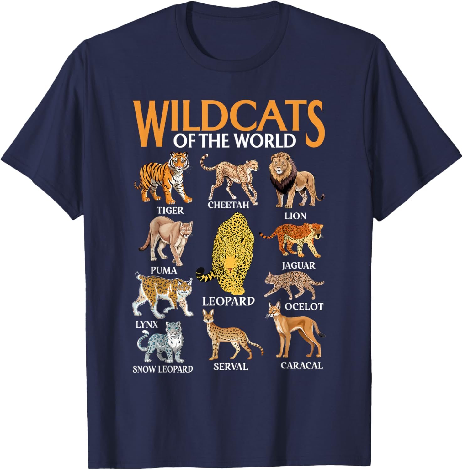 Wild Cats Lover Wild Cat Animals of the World Educational T-Shirt - T-Shirt | Navy